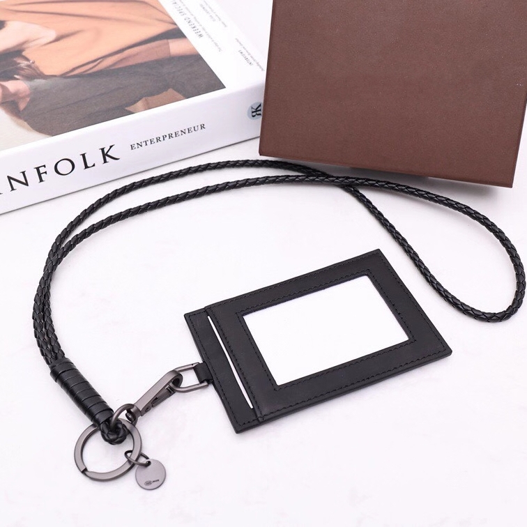 

Excellent quality Italy Genuine leather crochet card holders Luxury Designer business id holder bus case with long straps, Black