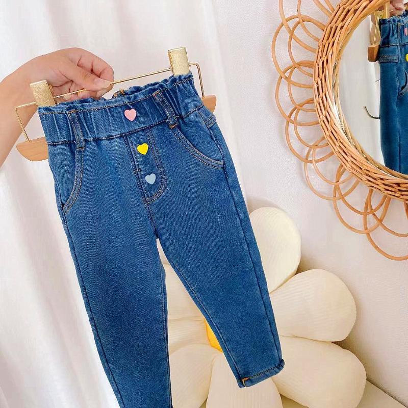 

Jeans Winter Warm Children Girls Denim Loving Heart Thicken Fleece Casual Full Length Trousers Kids Straight Loose Pants, As pic