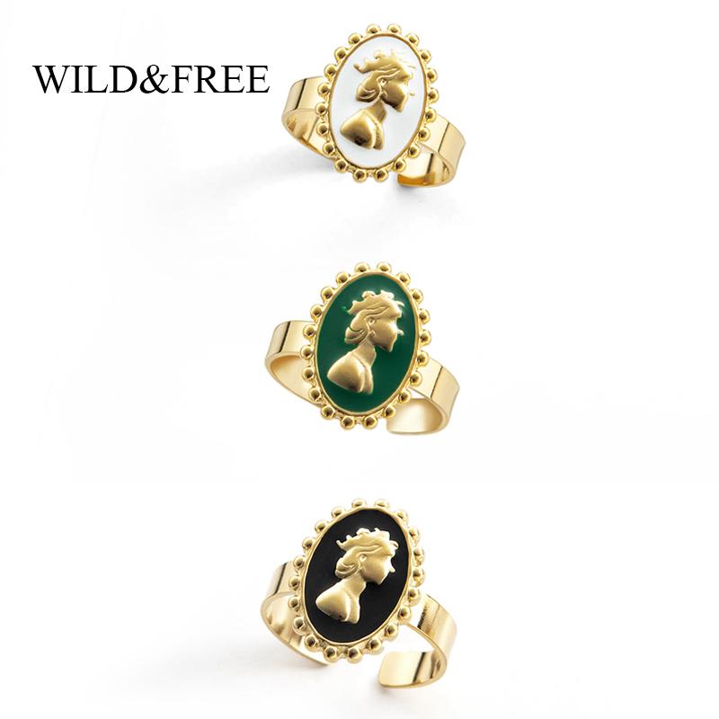 

Wedding Rings Wild&Free Adjustable Gold Finger For Women Stainless Steel Oval Portrait Black White Green Enamel Vintage Jewelry