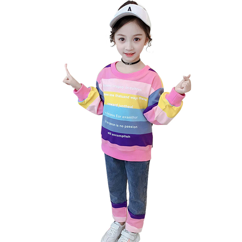 

Clothes For Girls Striped Pattern Sweatshirt + Jeans 2PCS Girl Set Clothes Casual Style Children Kids Clothing 6 8 10 12 14 Year C0225, White