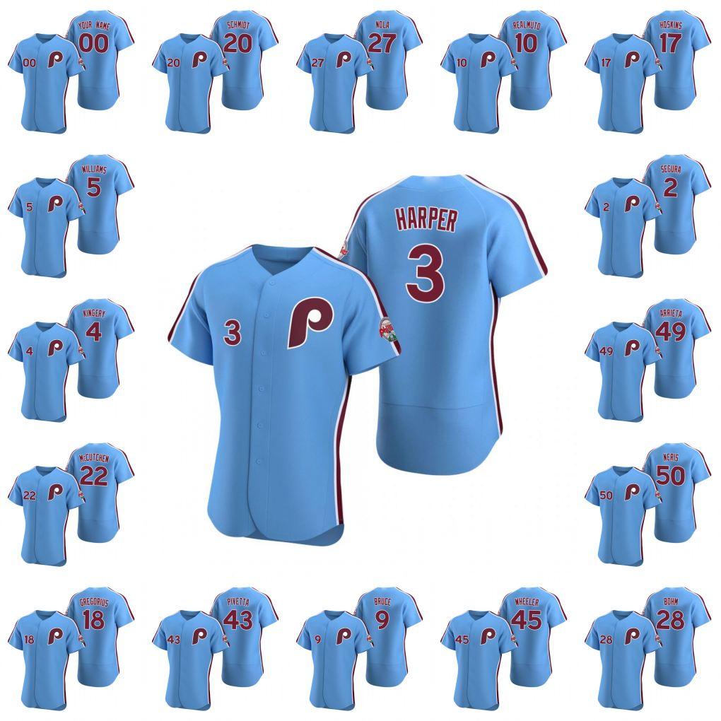 

Philadelphia Phillies Men #3 Bryce Harper 27 Aaron Nola 28 Alec Bohm 9 Jay Bruce 2 Jean Segura Custom Women Youth Alternate Jersey