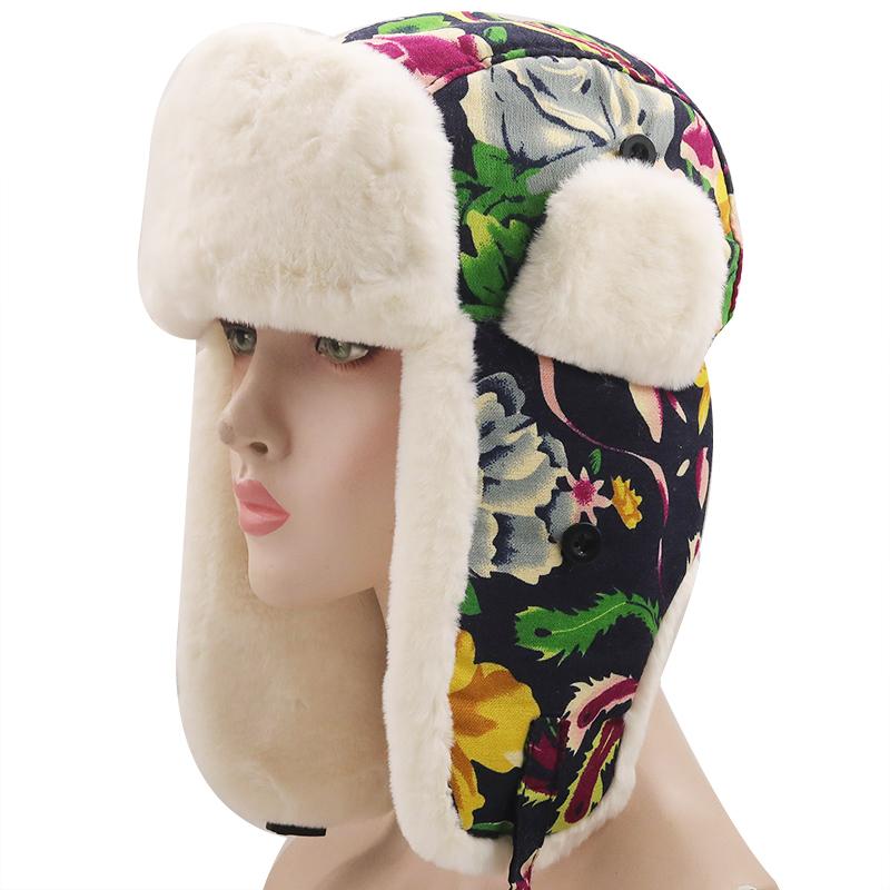 

Berets Super Warm Knitted Bomber Cap For Women Girl Outdoor Wind Prevent Russian Hat Snowflower Trapper Deer Floral Earflap