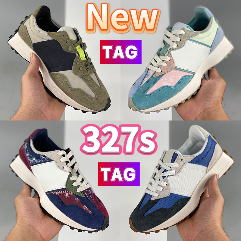 

New Nightwatch Green 327s men running shoes Paisley Pack Pastel Navy denim Rain Cloud Violet black blue grey Aluminum Pensole women sports sneakers trainers, Bubble wrap packaging