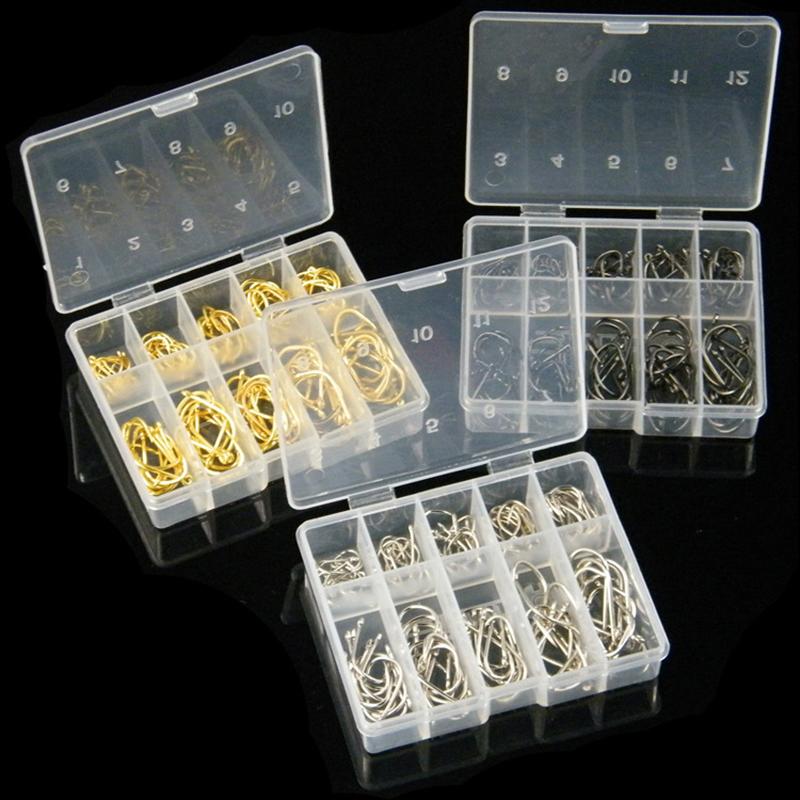 

Fishing Hooks 100PCS Barbed With Holes High-Carbon Steel Offset Worm Storage Box For Bass All Waters 10 Sizes Jlrr