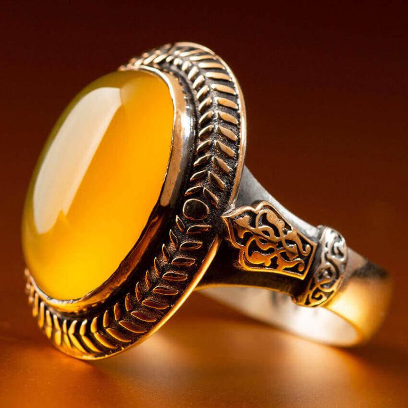 Cluster Rings Payitaht Abdulhamid 925 Sterling Silver Sultan Yellow Amber Stone Original Special Men Jewelry Plain Turkish Hoop Series-image-707751230