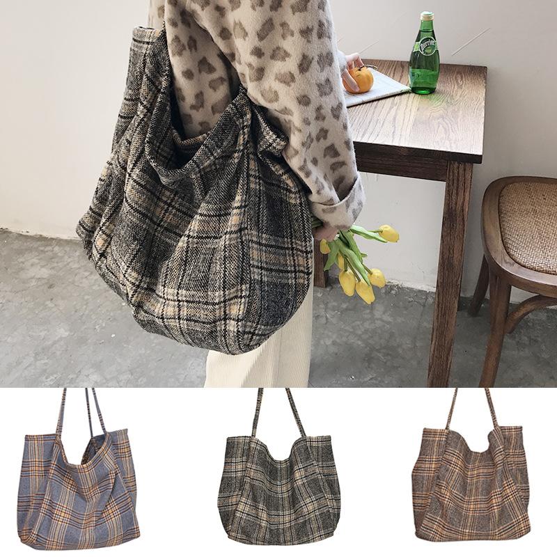 

Shoulder Bags 2021 Women Woolen Canvas Scottish Pattern Vintage Plaid Female Large Capacity Big Tote Handbag Ladies Casual Bag, Brown plaid