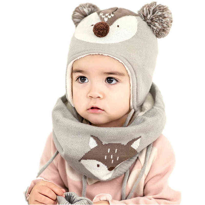 

Winter Children Warm Thick Girls Hat Scarf Glove 3pcs Set Fox Knitted Baby Kids Beanies Caps Neck Warmers Gloves for Boys