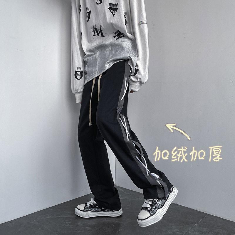 

Men's Pants Hybskr Goth High Street Men Straight Loose Fleece Fashion Hip Hop Elastic Waist Trousers For Male Large Size Streetwear, Black