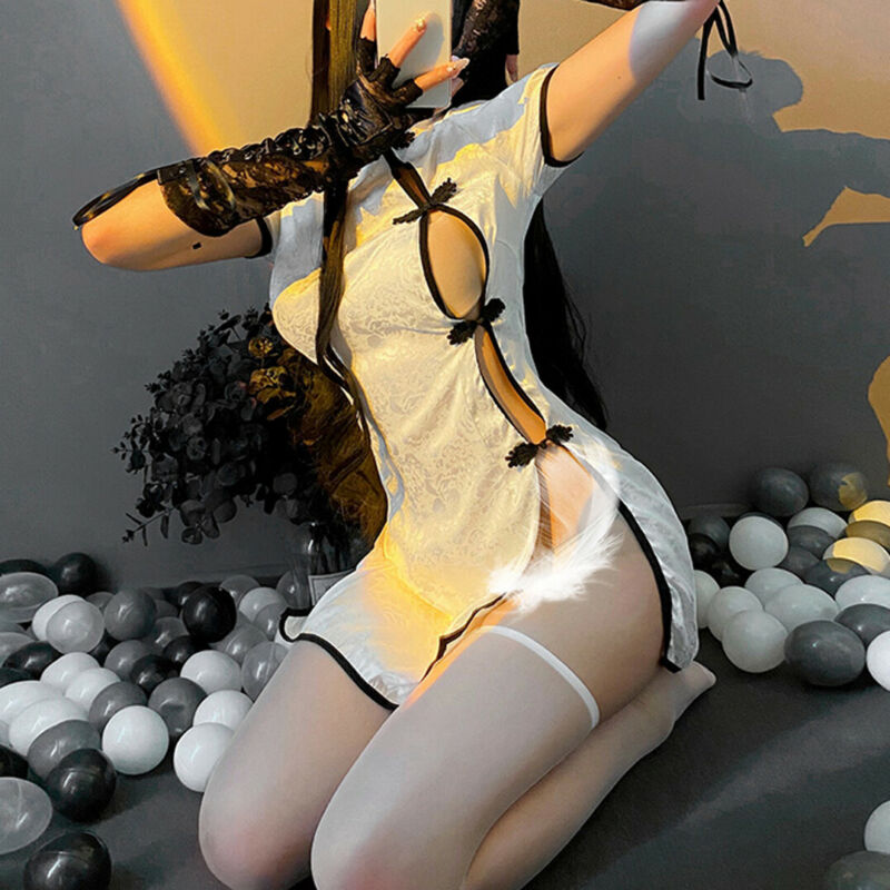 Women Sexy Set Cosplay Costume Erotic Lingeries Maid Vintage white Cheongsam Nightgowns-image-724071673