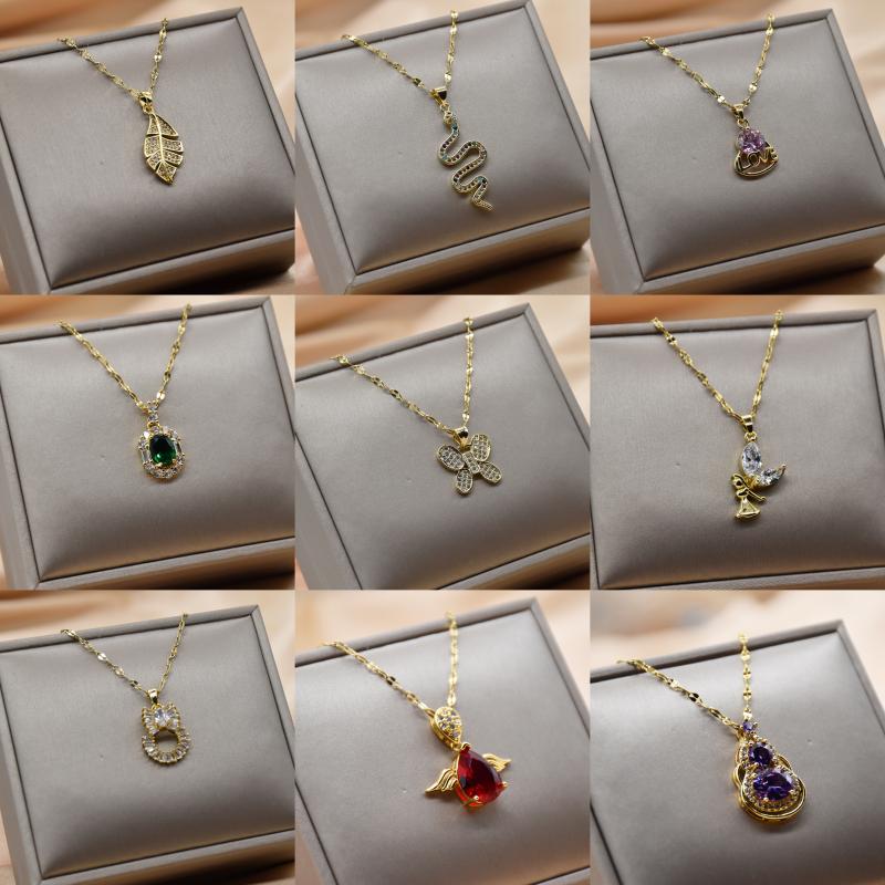 

Pendant Necklaces Stainless Steel Necklace For Women Gold Color Elegant Style Butterfly Bowknot Jewlry Green Snake Heart Angel, Silver