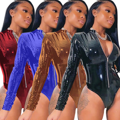 

Nightclub jumpsuit sexy womens playsuit pu leather tight zipper bodysuit long sleeve, Blue