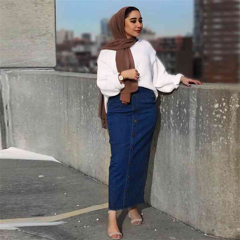 

Muslim High Waist Button Denim Skirt Long Islamic Skirts Women Bottom Jeans Jupe Musulmane Femme Abaya Turkey Arabic 210602, Black