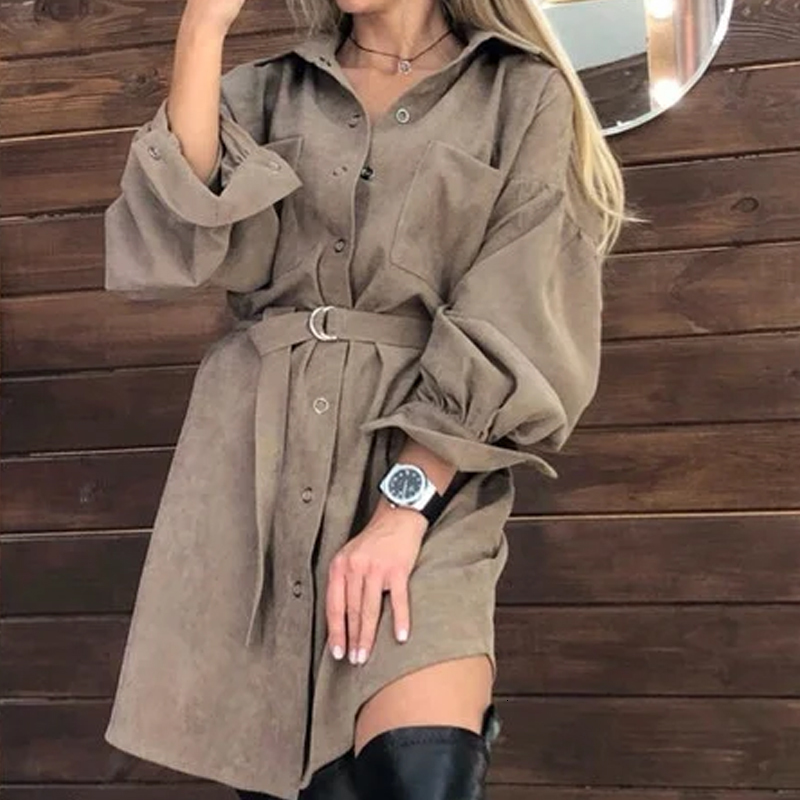 

2021 Casual Sleeve Fashion Mini Front Buttons Pockets Loose Women Solid Color Turn Down Collar Autumn New 838q, As picture