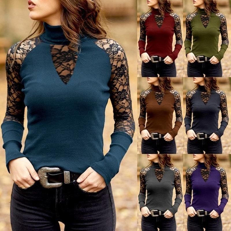 

Women' Blouses & Shirts Lugentolo Lace Long Sleeve Sexy Tops Women Plus Size Turtleneck Solid Spring Fashion Casual Womens, Brown