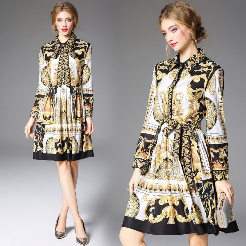

Casual Dresses Italy Style Long Sleeves Vintage Dress 2021 Autumn Women Bowtie Chic Retro Print D761, As picture