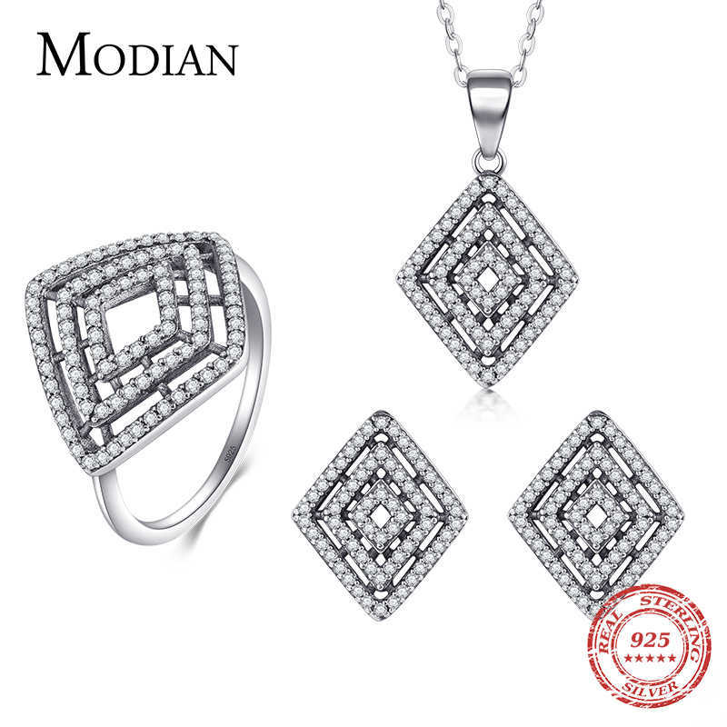 

Fashion Luxury Wedding Jewelry Set Vintage Sterling Silver 925 Rhombus Pandant Necklace & Stud Earring Ring for Women 210707, White