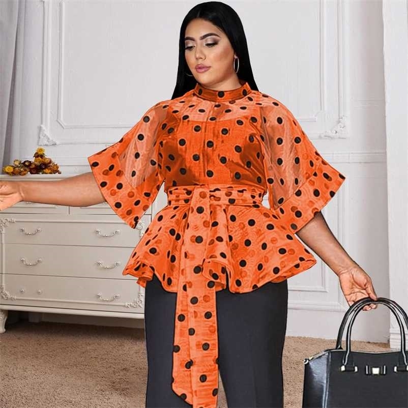 

Sexy See Through Tops 3/4 Sleeve Black Polka Dot Organze White Orange Women Blouse Evening Party Plus Size Shirt with Belt 211106