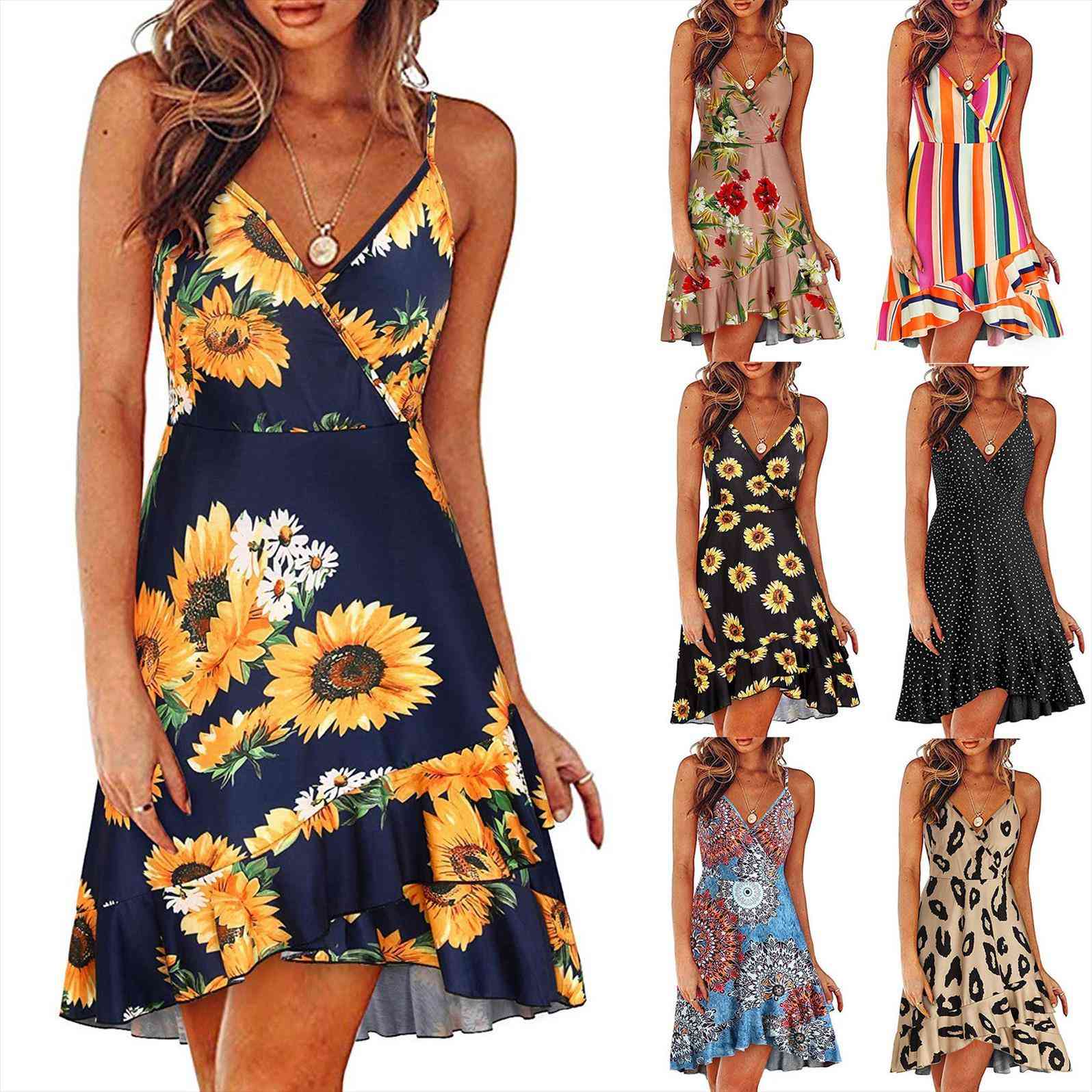 

summer v neck floral women dresses print strap casual swing with ruffle, Black;gray