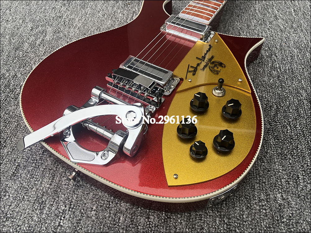 

660 6 Strings Metallic Red Electric Guitar Checkerboard Binding, Signature Gold Sparkle Pickguard, Lacquer Gloss Fingerboard, Triangle Inlay, Bigs Tremolo Bridge