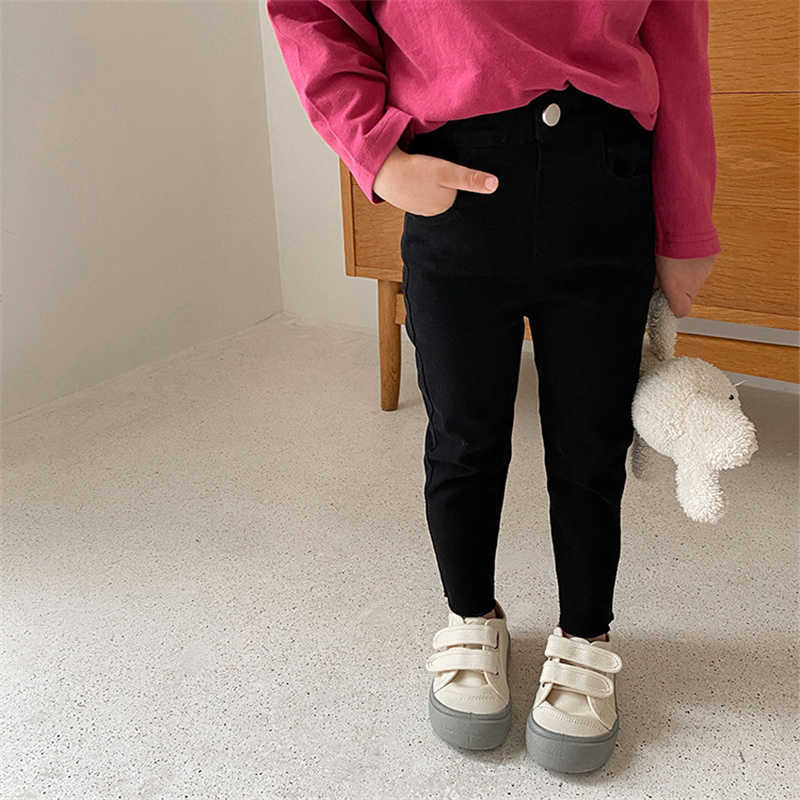

Spring Autumn baby girls fashion solid color skinny casual pants kids children high elastic cotton pencil trousers 210615, Black