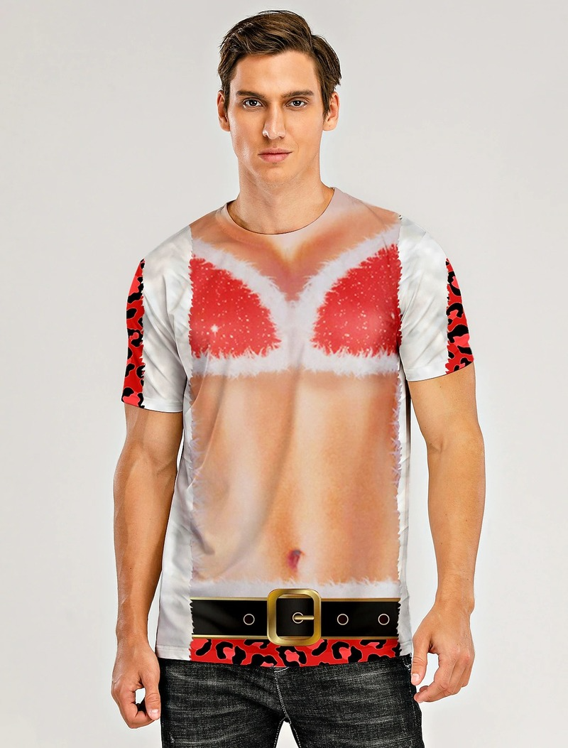

Christmas 3D printed abdominal muscle pattern T-shirt breathable and comfortable daily party casual loose men's short sleeves, White;black