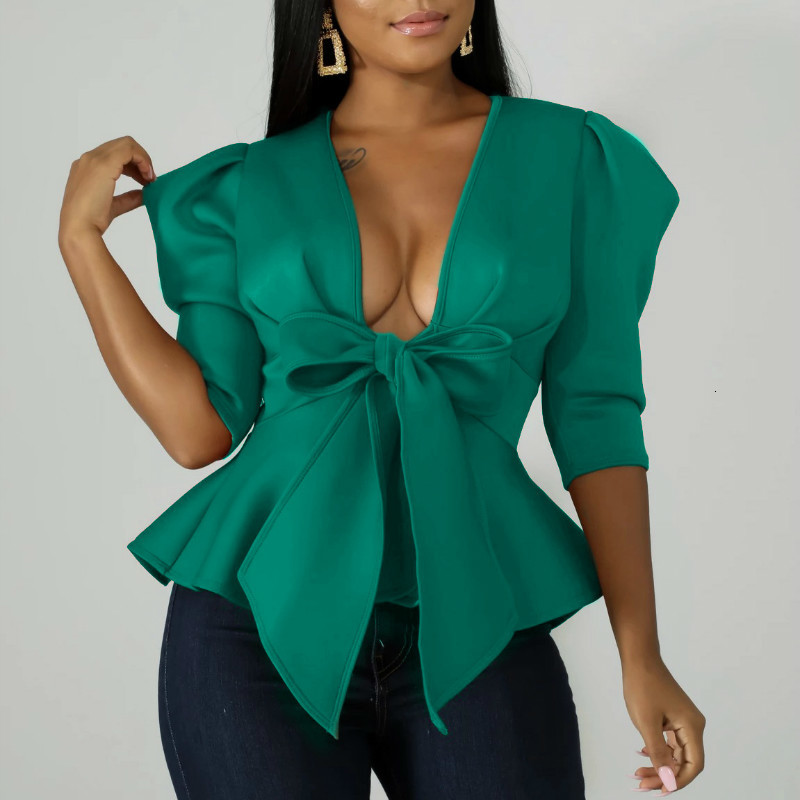 2021 NOUVELLES FEMMES PEPLUM Chemisier Tops avec ceinture Ceinture Bowtie Bowtie Halfs Halles De Deep V Cou Sexy Party Clubwear Night Date Soirée