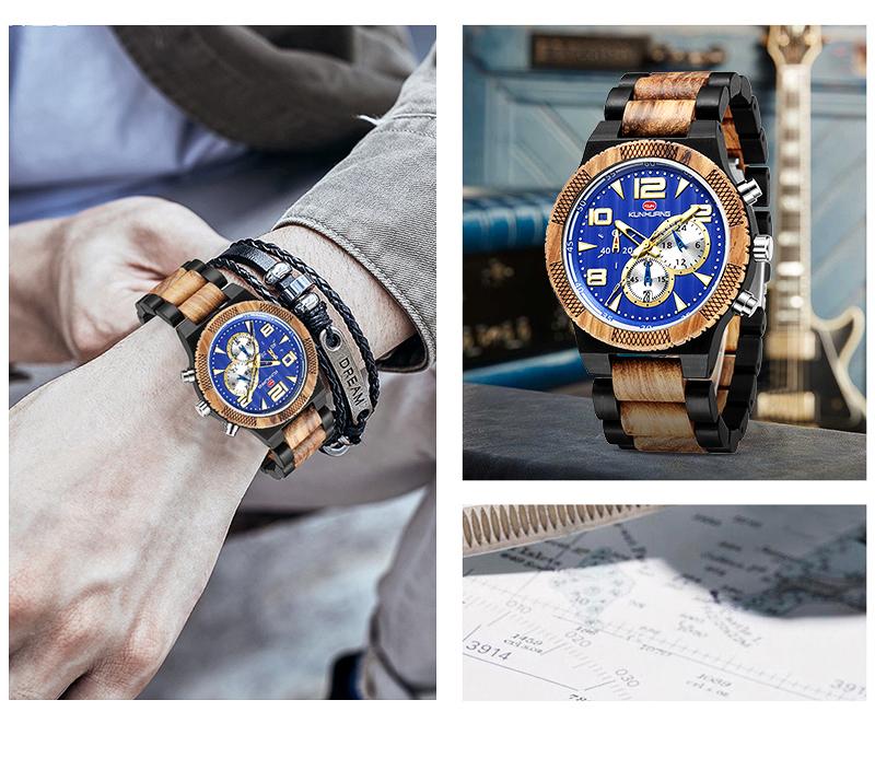 

Wristwatches KUNHUANG Relogio Masculino Wood Clock Man Watch Wooden Quartz Chronograph Men Sport Luxury Business Wristwatch