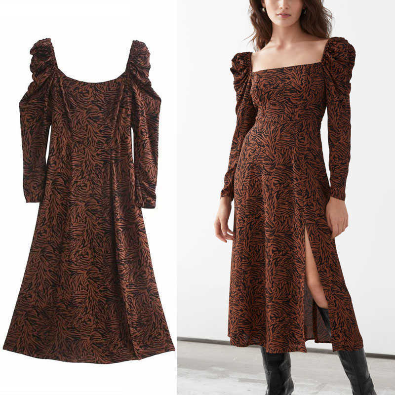 

Za Vintage Zebra Print Midi Dress Women Long Puff Sleeve Backless Elegant Party Dresses Woman Fashion Elastic Vestido 210602, Brown