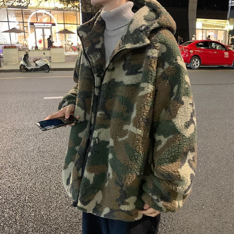 

2021 New Winter Thick Lamb Wool Camouflage Jacket Men's Warm Fashion Retro Hooded Men Wild Loose Korean Short Coat Mens Clothes 3cok, Camouflage gray