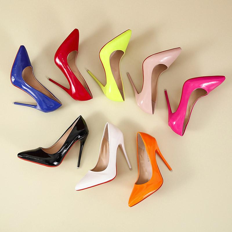 

Dress Shoes Plus Size 35-43 Women Pumps Candy Color High Heels Patent Leather Pointed Toe Thin Heeled Ladies Wedding 9423N, Orange