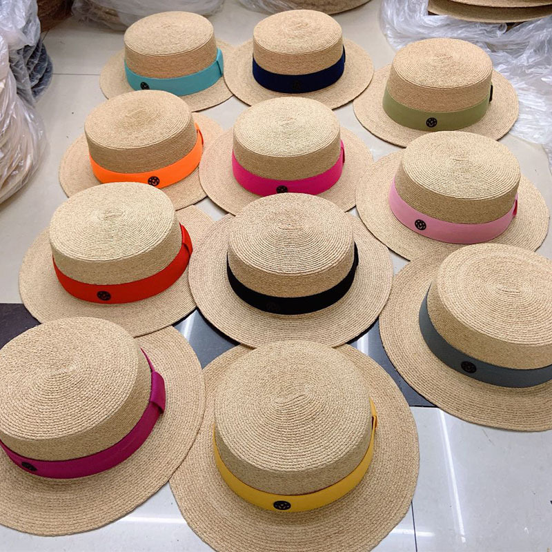 

2021 New Quality Wide Brim Sun Canotier Women Vintage Boater Straw Classic Ribbon Band Summer Raffia Derby Beach Hat N9xt, Beige