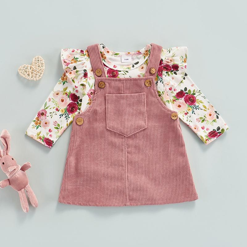 

Clothing Sets Baby Girls Two Piece Suit Fashion Flower Ruffle Long Flying Sleeve Bodysuit And Corduroy Suspender Overall Dress Outfit, White