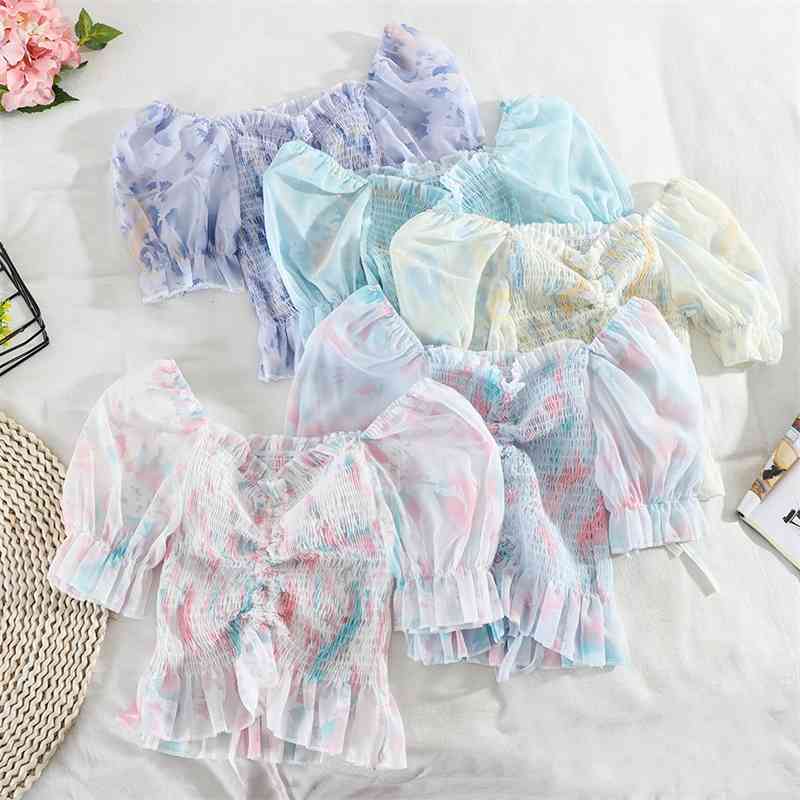 

Women Chiffon Blouse Summer Sweet Ruffles V Neck Printed Crop Tops Ladies Korean Bandage Short Shirts Femme 210602