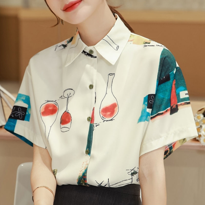 

Blouse Women Blusas Mujer De Moda Turn Down Collar Print Chiffon Blouse Summer Short Sleeve Blouse Shirt Women Tops D173 210602, As picture
