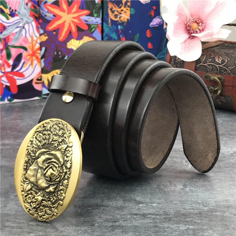 

2021 New Luxury Solid Brass Flower Buckle Thick Leather Belt Quality Trouser Belts for Men Wide Jeans Strap Man Mbt0087 0a6k, Black