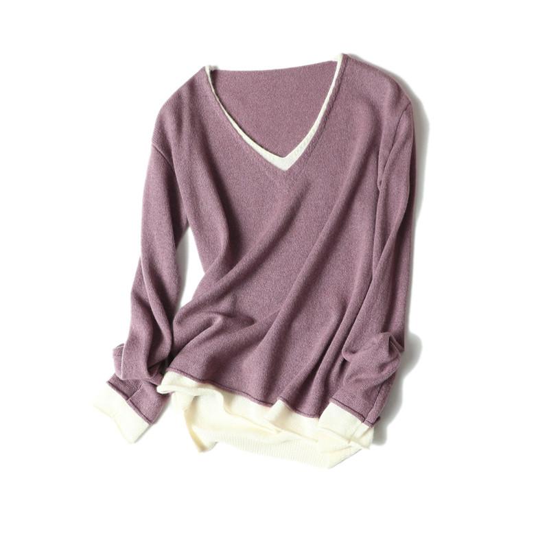 

Women's Sweaters Fashion Cashmere Knit Women Thin Pullovers Full Sleeve Vneck Patchwork Color /L Pink Apricote Wholesale Retail, Black