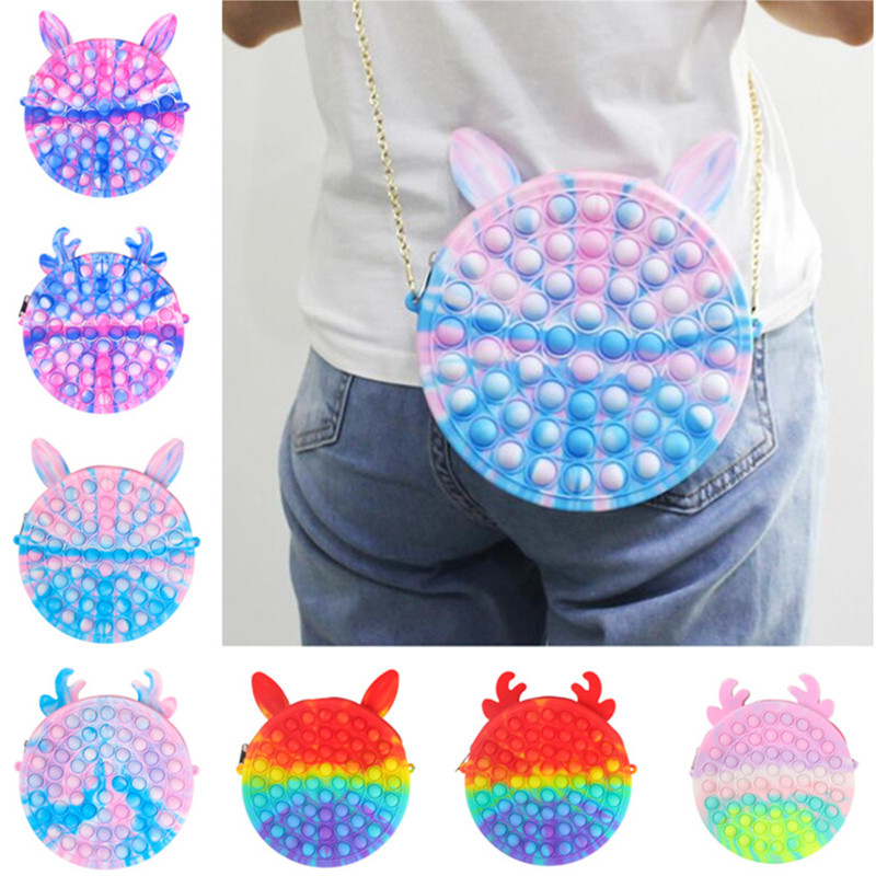 

Tie-dyed Chain Bag Push Bubble Fidget Toys Party Favor Bunny Ears Silicone Shoulder Crossbody Bags Pop Bubbles Purses Autism Decompression Toy for Special Need 2022