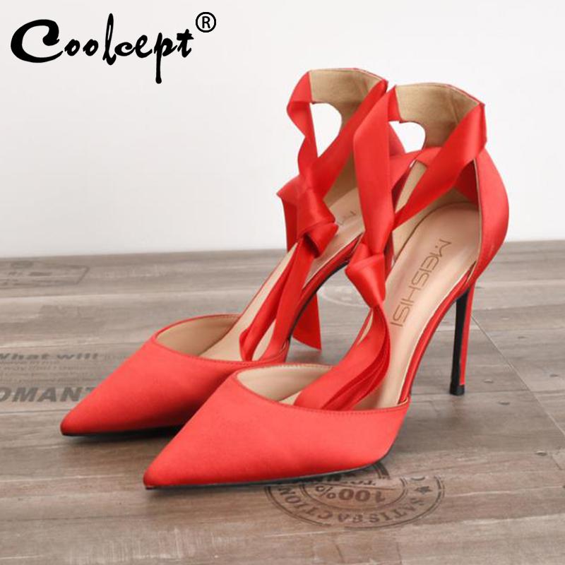 

Coolcept Size 32-43 New Women Sandals Sexy Pointed Toe Silk Band Bowtie Summer Shoes Thin High Heel Wedding Lady Party Footwear, Black