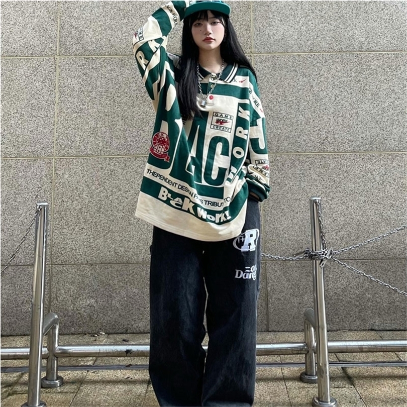 

Women Sweetshirts High Street Style Casual Hip Hop Hoodies Loose Vintage Polo Collar Y2K Pullovers Streetwear Hoodi Top 220308, Green