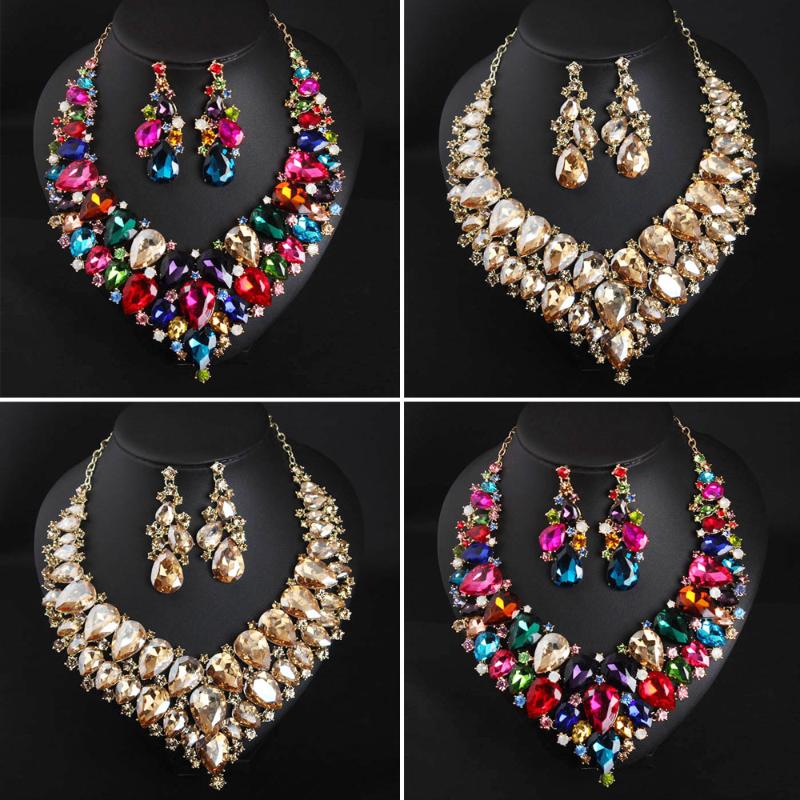 

Earrings & Necklace Fashion Crystal Statement Earring Bridal Jewelry Sets Rhinestones Party Wedding Costume Accessories For Brides Women, Silver