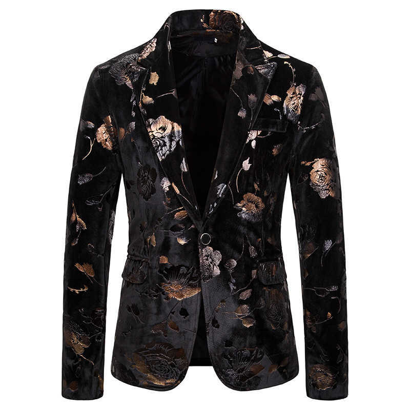 

Mens Gold Rose Floral Print Black Velvet Blazer Jacket Nightclub Party Wedding Tuxedo Blazer Men Stage Clothes for Singers X0615