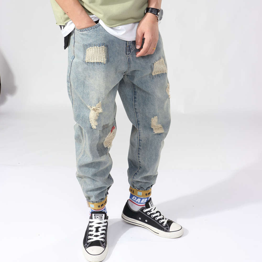 

Guochao 2021 new spring and autumn embroidery legged jeans men's straight tube loose Harlan small leg pants trend, Blue
