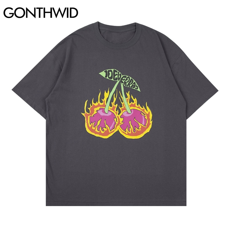 

Streetwear Tees Shirt Hip Hop Fire Flame Fruit Cherry Print Cotton Tshirts Harajuku Casual Short Sleeve Tops 210602, Gray