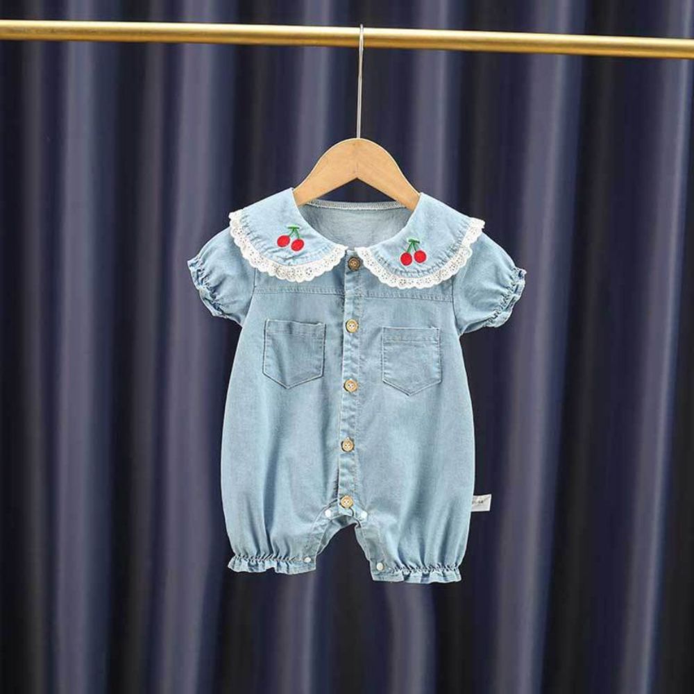 

Baby summer short sleeve soft denim one-piece thin baby climbing suit for boys and girls born half Khaki, White