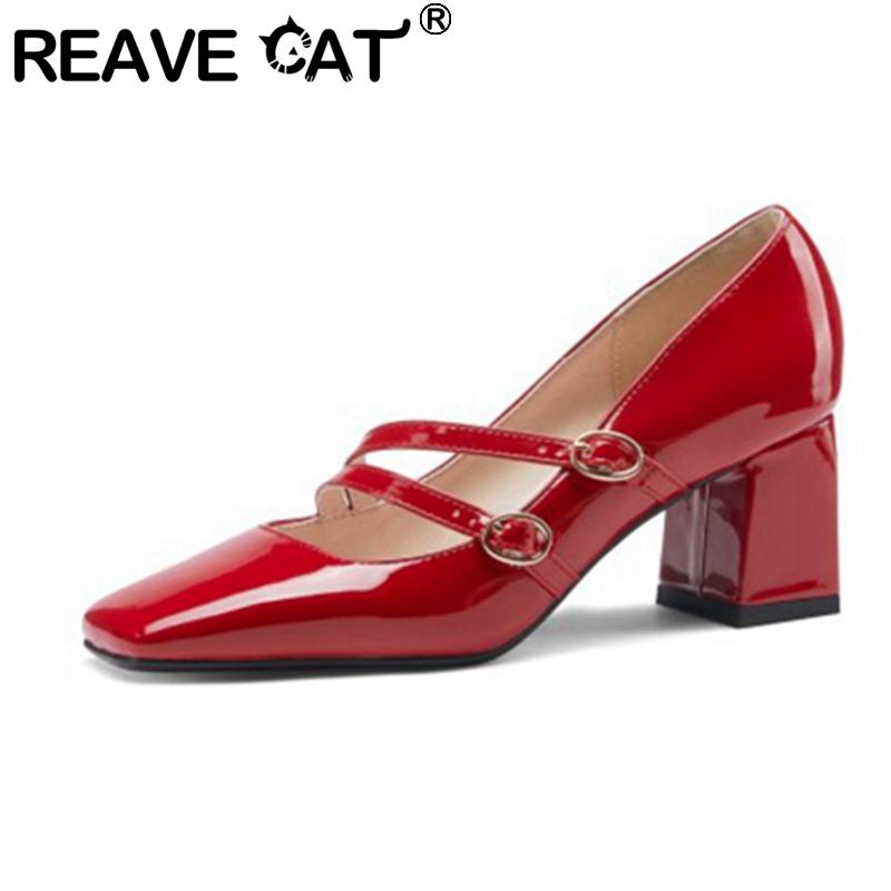 

Dress Shoes REAVE CAT 2021 Women Pumps Square Toe 6.5cm Block Heels Patent Leather Buckle Mary Jane Classic Big Size 31-48 Casual A3481, Black