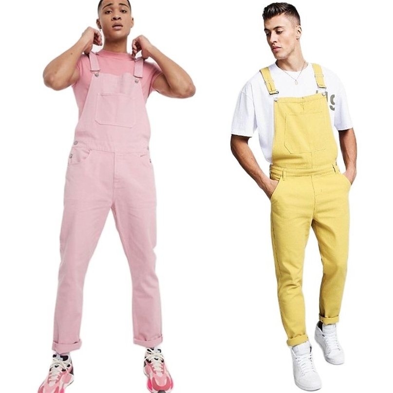 

Denim Pants Men Overalls Vintage Slim Fit Man' Clothing Yellow Pink Homme Jumpsuit Trousers Europe America Style 210723, Orange
