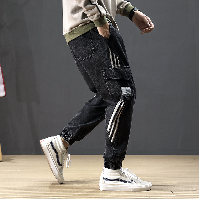 

2021 New Fashion Streetwear Loose Fit Stripe Spliced Harem Men Cargo Pants Japanese Style Vintage Designer Hip Hop Jeans Qsz7, Black