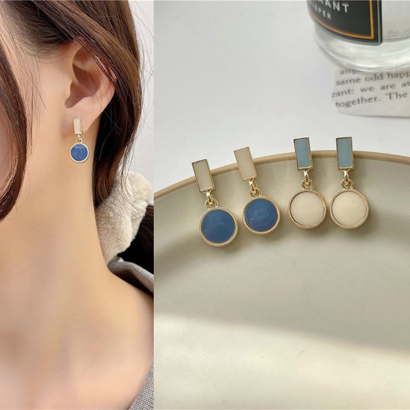 

Dangle & Chandelier Korean Cute Blue Beige Contrast Color Glazed Rectangle Round Pendent Drop Earrings For Women Girls Ear Jewelry Gift 2021, Silver