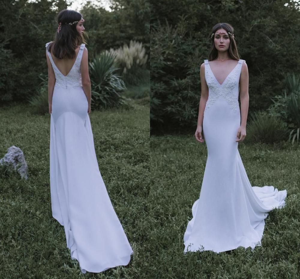 

2021 New Es v Neck Appliqued Lace Backless Sweep Train Soft Satin Country Wedding Garden Boho Bridal Gowns Klqq, White