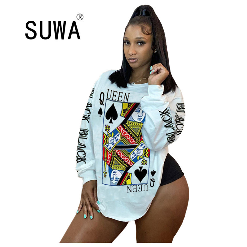 

Wholesale Product Autumn Winter Women Black Queen Q Poker Card Long Sleeve T-shirt Tops Casual Streetwear Female 210525, White